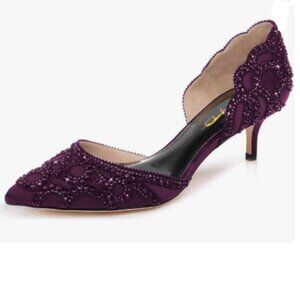 XYD Dark Purple Pointed Toe D'Orsay Kitten Heel Rhinestone Studs Slip-On Shoes